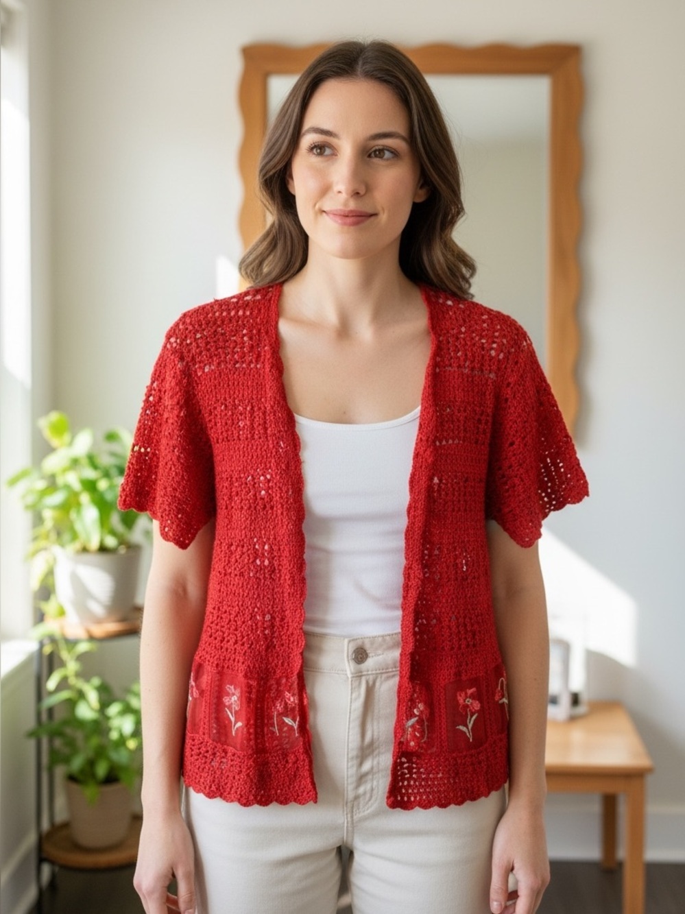 Teddi / Red Floral Short Sleeve Crochet Blouse Button Up